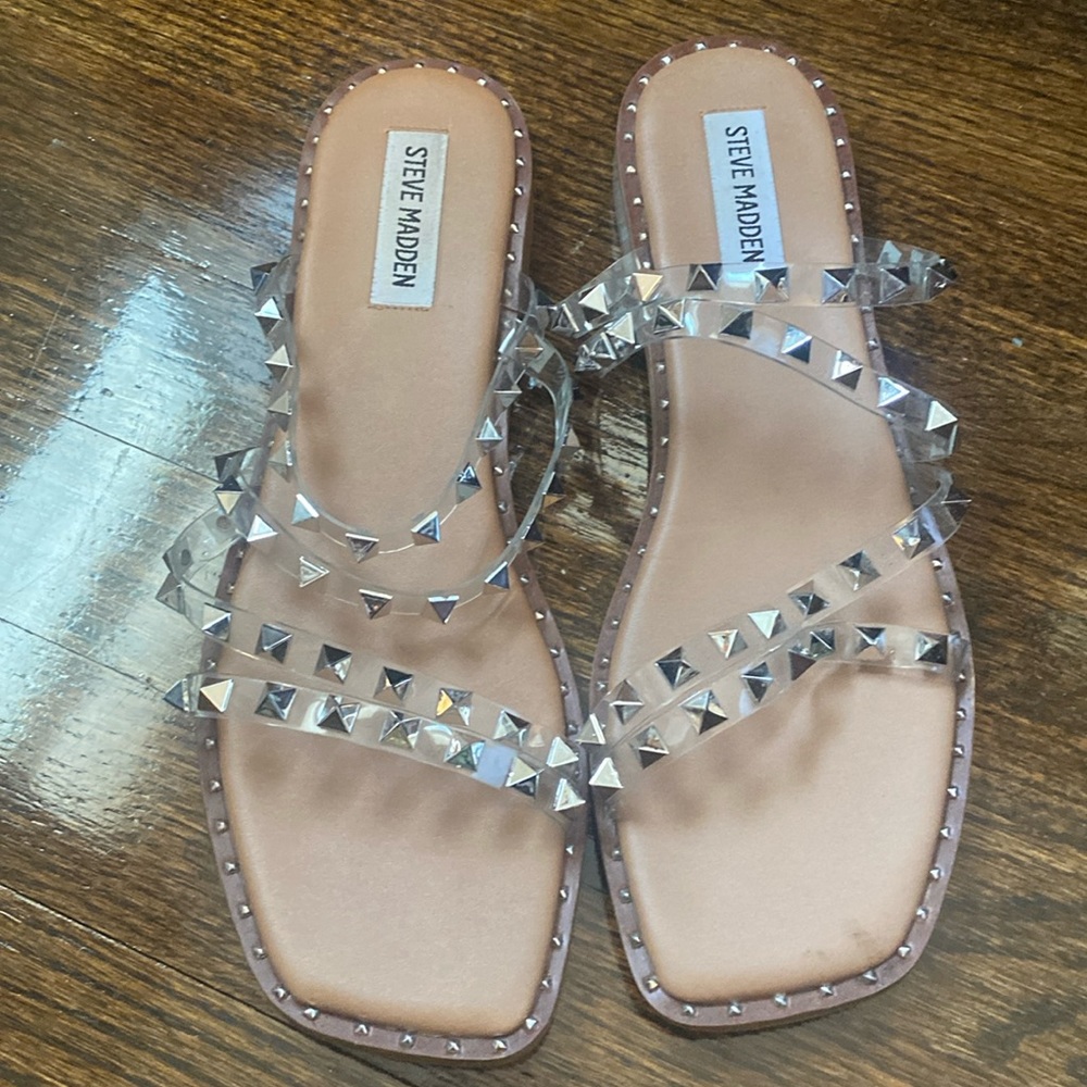 Steve Madden flat sandal, clear with silver studs
